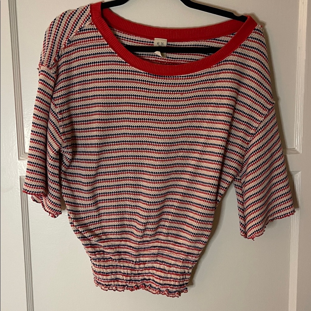 We The Free Red and Blue Striped Knit, oversized look with scrunched waist
